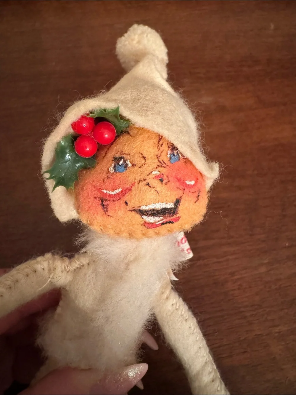 Annalee 1957 White Felt Christmas Elf with Holly Hat Vintage Holiday Doll
